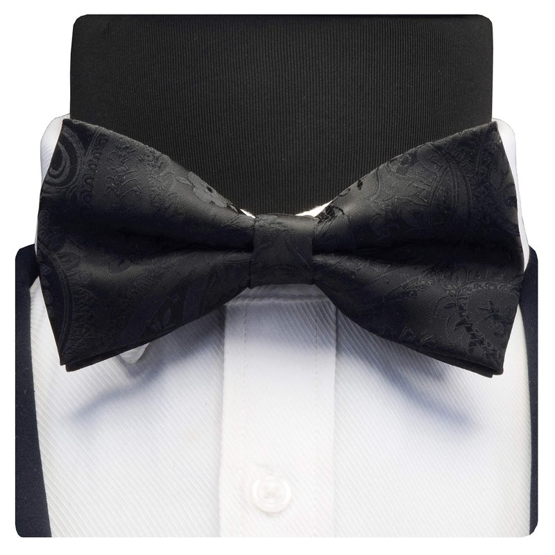 GUSLESON Black Paisley Bow Tie Wedding Pre-tied Silk BowTies and Pocket Square Cufflink Set(0581-01) - Image 3